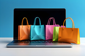 Paper Shopping bags on laptop computer keyboard Online sale ecommerce business concept