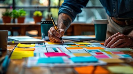 Obraz premium Closeup of a business consultant's hand outlining strategies on a colorful workflow chart