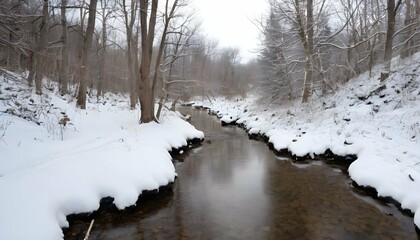 A serene creek winding through a snowy winter land upscaled 4