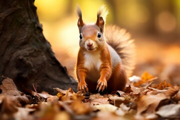 Curious squirrel in autumn leaves