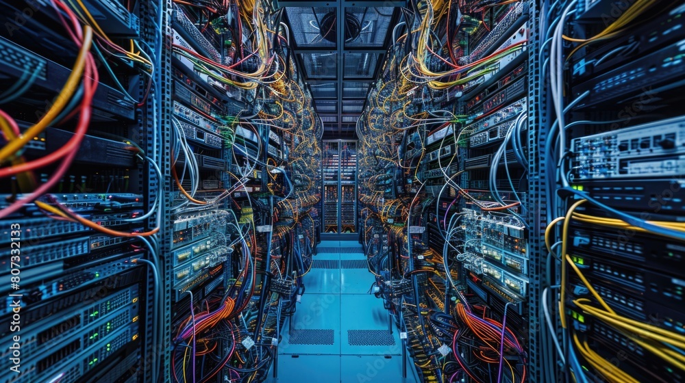 Poster a cluttered server room with tangled wires. suitable for technology and networking concepts