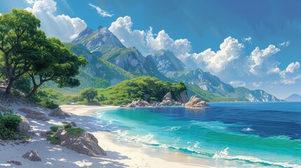 Paradise beach seascape modern illustration.