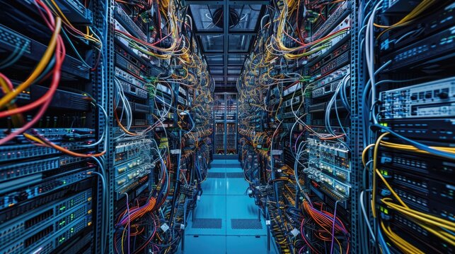 A cluttered server room with tangled wires. Suitable for technology and networking concepts