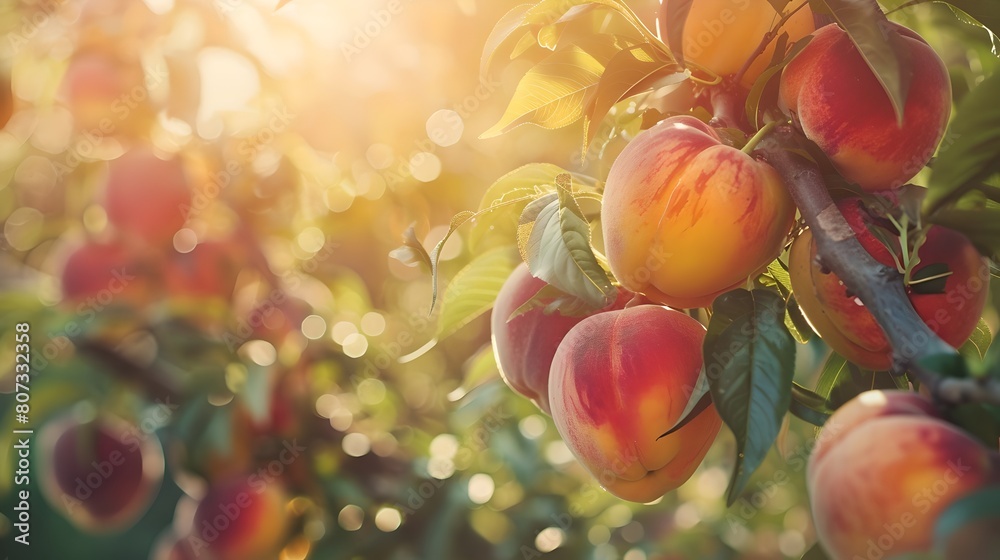 Sticker Ripe peaches on a tree branch against the warm sunlight. Healthy organic produce concept. Perfect for food and gardening themes. AI