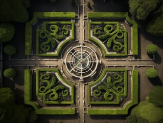 Ornate garden fountain with symmetrical design and lush greenery