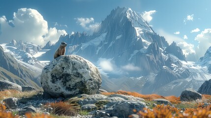 In the foreground is a small round stone, a marmot next to it, and in the background are the towering mountains in the distance. Generative AI.