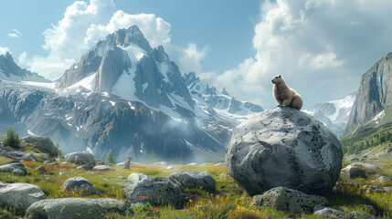 In the foreground is a small round stone, a marmot next to it, and in the background are the towering mountains in the distance. Generative AI.