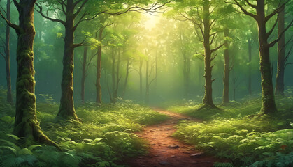 Naklejka premium A forest scene with a dirt path leading into the woods.