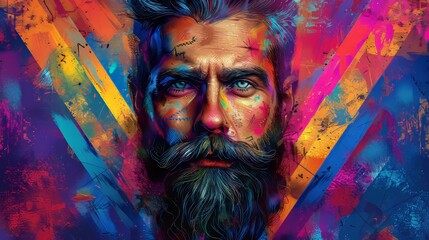 Modern illustration of hipster graffiti character with mustache and beard on abstract triangle background. Hand-drawn hipster tattooed dude with mustache and beard.