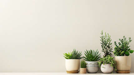 Fototapeta premium banner pots and planters on a light background, with an empty space for text on the side