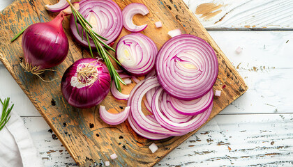 Board with slices of fresh red onion on white wooden background
