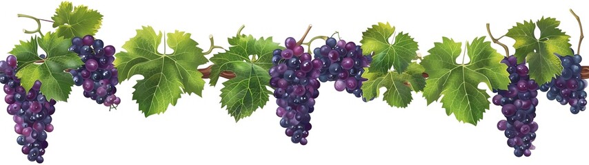 array of fresh grape border frame on white background