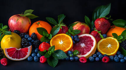 a delightful arrangement of colorful fruits against a dark background