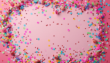Frame made of colorful confetti on pink background