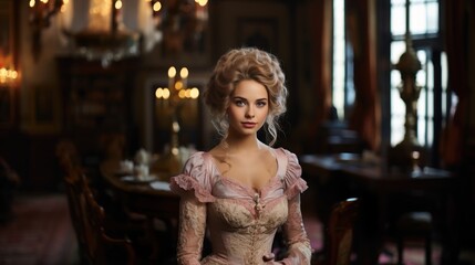 Elegant Woman in Victorian Era Attire Posing in Opulent Room with Candles and Antiques