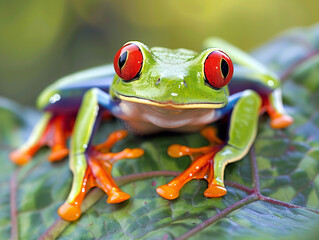 Fototapeta premium A Red-eyed tree frog on a leaf, nature wildlife concept.