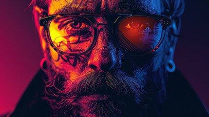 An illustration of a hipster tattooed dude with a mustache and a beard. Modern illustration. - obrazy, fototapety, plakaty