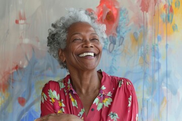 Elderly woman smiling in front of a painting, suitable for art galleries or interior design websites