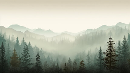 Misty landscape with fir forest in vintage retro style