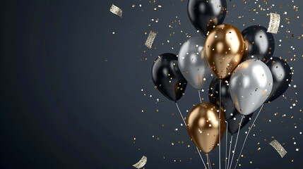 sliver and gold balloons with confetti on dark blue background - obrazy, fototapety, plakaty