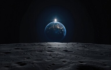 Earth rises above the barren lunar horizon, illuminating the darkness of space.