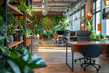 Naklejka premium Modern Eco-Friendly Office Space with Lush Green Plants and Natural Light
