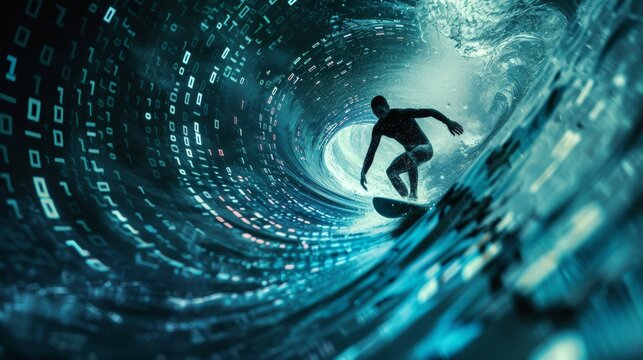 Businessman surfing the digital wave of binary numbers, a silhouette symbolizing navigating the digital world - Powered by Adobe