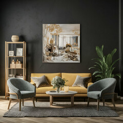 Luxury living room in dark colors. Black microcement plaster walls, light rich furniture. Empty background for art or canvas picture. Premium interior design. 3d render