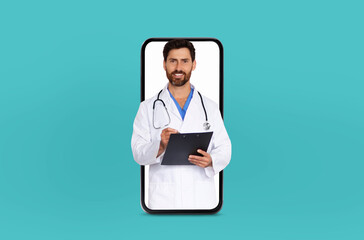 A mature doctor stands inside a smartphone's blank screen, symbolizing a telemedicine consultation, in a modern clinic environment
