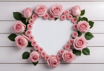 Pink rose flowers and heart with space for text