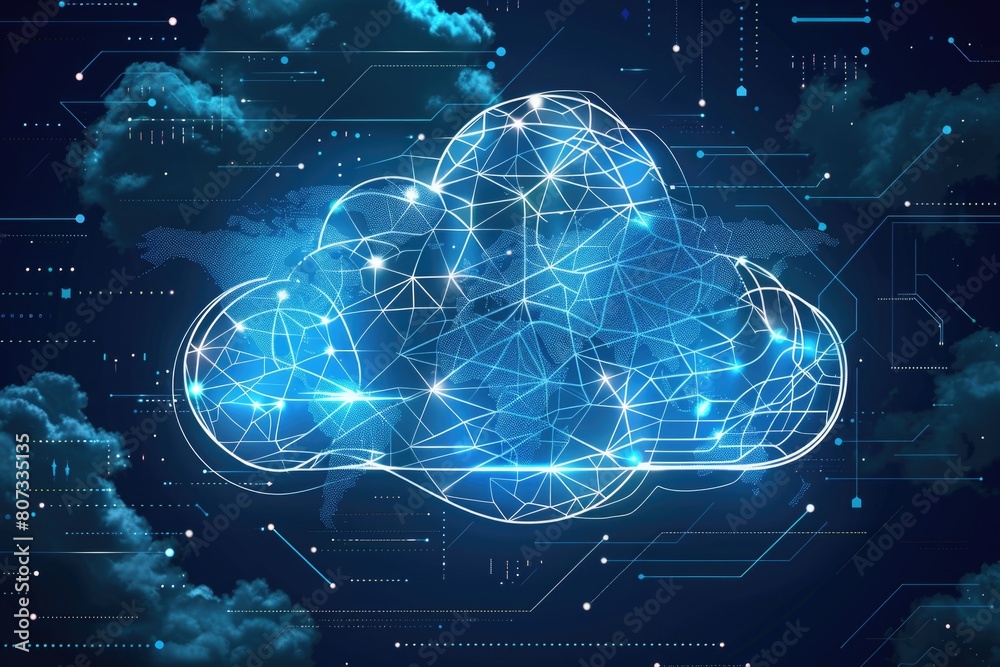 Poster a cloud with connected lines and dots on a dark blue background. ideal for technology and network co