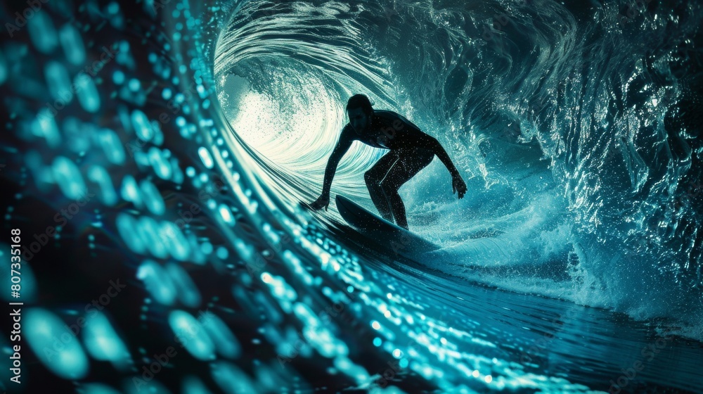 Wall mural businessman skillfully riding binary wave, representing mastery in the digital realm