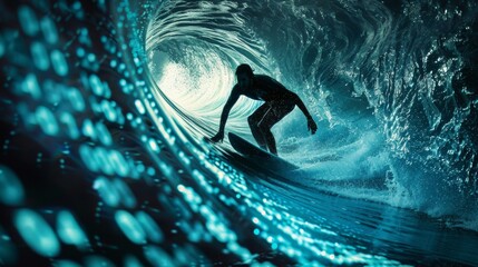 Businessman skillfully riding binary wave, representing mastery in the digital realm