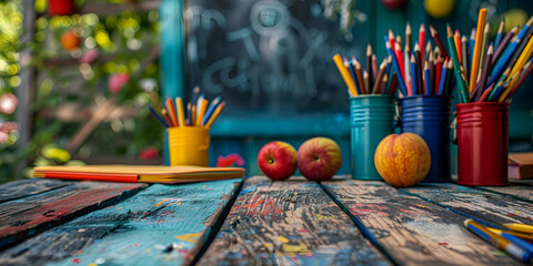 Fototapeta premium Teacher or student school supplies, equipment, items or things on wooden table, educational background. Back to school or happy teachers day concept with copy space.