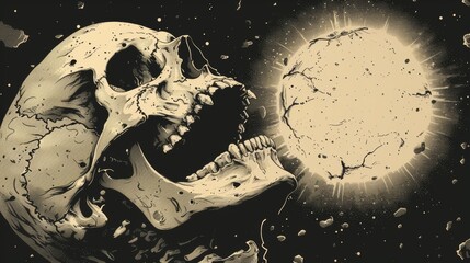 Modern illustration of anatomic skull with open mouth. Weathered grunge style. - obrazy, fototapety, plakaty