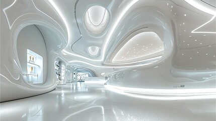 White space, curved walls and ceiling with LED lighting, high-tech display cabinets displaying futuristic products, white modern minimalist interior design style. Generative AI.