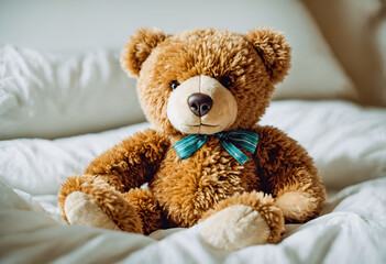Teddy bear in bed. Childhood comfort.