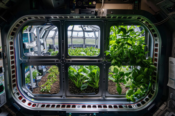 Obraz premium Advanced Space Station Module Showcasing Sustainable Agriculture Technology