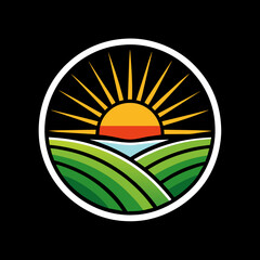 Morning Sunrise logo featuring a vibrant sun rising over a field vector illustration 