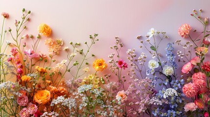 A high-resolution image of a delicate floral arrangement in the colors of the rainbow, forming a...