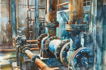 A painting showing pipes and valves in a building. Suitable for industrial or construction concepts