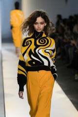 Fototapeta premium A woman on the runway wearing an yellow jumper and a black sweater with black swirls. Generative AI.