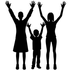 Family with hands up vector silhouette 