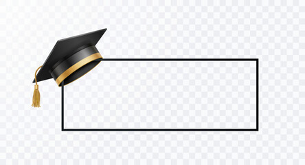 Graduate college, high school or university cap isolated on transparent background. Vector degree ceremony hat with line stroke border. Black educational student symbol and blank frame