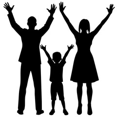 Family with hands up vector silhouette 