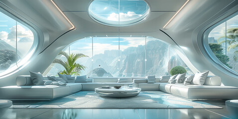 Fototapeta premium Futuristic interior with large windows, view of beautiful scene in the distance, futuristic lounge area with couches and coffee table, blue green grey color scheme. Generative AI.