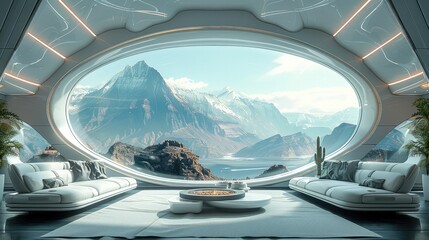 Fototapeta premium Futuristic interior with large windows, view of beautiful scene in the distance, futuristic lounge area with couches and coffee table, blue green grey color scheme. Generative AI.