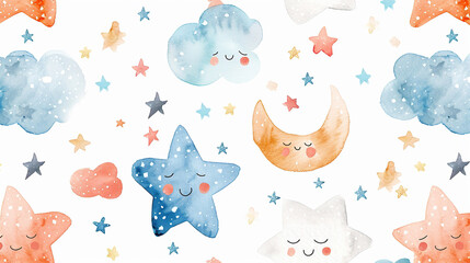 Seamless pattern with clouds and stars for a children's room in pastel colors. Hand drawn watercolor painting with clouds and stars for baby fabric on an isolated background. 