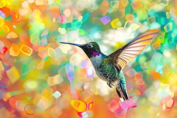 A vibrant image of a hummingbird flying through a colorful background. Perfect for nature and wildlife themes