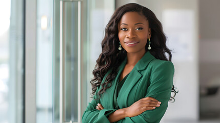 black business woman wearing green business attire, standing in front of glass door in white modern office space